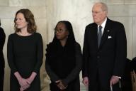 Associate Justice of the Supreme Court Amy Coney Barrett, Associate Justice of the Supreme Court Ketanji Brown Jackson and former Associate Justice of the Supreme Court Anthony M. Kennedy attend a private ceremony for former Associate Justice of the Supreme Court Sandra Day O