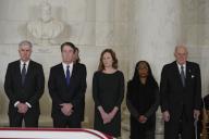 From left to right: Associate Justices of the Supreme Court Neil M. Gorsuch, Brett Kavanaugh, Amy Coney Barrett, Ketanji Brown Jackson and former Associate Justice of the Supreme Court Anthony M. Kennedy listen during a private ceremony for former Associate Justice of the Supreme Court Sandra Day O