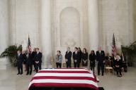 From left, Chief Justice of the United States John Roberts, Associate Justices of the Supreme Court Clarence Thomas, Samuel Alito, Sonia Sotomayor Elena Kagan, Neil Gorsuch, Brett Kavanaugh, Amy Coney Barrett, Ketanji Brown Jackson and former Associate Justice of the Supreme Court Anthony M. Kennedy, stand in front flag-draped casket of retired Supreme Court Justice Sandra Day OConnor during a private service in the Great Hall at the Supreme Court in Washington, Monday, Dec. 18, 2023. Justice O
