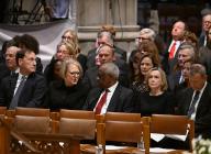 Chief Justice of the United States John G. Roberts, Jr. (R), his wife Jane Sullivan (2nd R), Supreme Court Associate Justice Clarence Thomas (C), his wife Virginia Thomas (2nd L), and Supreme Court Associate Justice Samuel Alito (L) attend the memorial service for former Associate Justice of the Supreme Court Sandra Day O