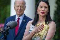 American actress Lucy Liu, with United States President Joe Biden, delivers remarks during a reception celebrating Asian American, Native Hawaiian, and Pacific Islander Heritage Month in the Rose Garden the White House in Washington, DC, USA, 13 May 2024. Credit: Shawn Thew / Pool via