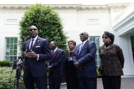 Derrick Johnson, President of the NAACP, with The Brown v. Board of Education plaintiffs speaks to the media after their meeting with US President Joe Biden at the White House in Washington on May 16, 2024. Credit: Yuri Gripas / Pool via