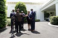 Cheryl Brown Henderson, Daughter of Brown v. Board of Education named plaintiff, Oliver Brown, with other plaintiffs speaks to the media after their meeting with US President Joe Biden at the White House in Washington on May 16, 2024. Credit: Yuri Gripas / Pool via