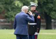 United States President Joe Biden salutes the Marine Guards as he and first lady Dr. Jill Biden depart Fort Lesley J. McNair in Washington, DC en route to Wilmington, Delaware on Friday, May 24, 2024. Credit: Ron Sachs / Pool via