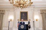 US President Joe Biden delivers remarks on the conviction of former US President Donald J. Trump on 34 felony counts in his hush-money trial, before announcing a proposal for a cease-fire between Israel and Hamas; in the State Dining Room of the White House in Washington, DC, USA, 31 May 2024. Israeli forces have advanced into central Rafah in southern Gaza, the Israeli military confirmed 31 May, despite international pressure warning against a large military operation in Rafah. Credit: Michael Reynolds / Pool via