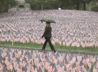 Boston, Massachusetts USA: May 22, 2014 A passerby walks among thirty-seven thousand (37,000) American flags planted on Boston Common during the days prior to and during Memorial Day. The number of flags marks how many soldiers died from ...