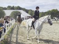 Medway, Massachusetts USA: September 20, 2014 Teenage riders compete in a Hunt Seat Equitation competition at Saddle Rowe. In this category of horse show, riders instead of the horses are evaluated. Judges rate riders