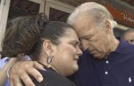 FILE PHOTO: Manchester, New Hampshire, USA 07-06-2007 Joe Biden, candidate for the Democratic nomination for the presidency of the United States, consoles waitress Michelle Griffin. She was overcome with emotion while explaining her struggles with affording health care and making ends meet. She had approached Biden outside her place of employment called the Red Arrow Diner. He had made a campaign stop there. The following year Biden withdrew his candidacy. Chris Fitzgerald / Candidate Photos /