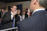 Franksville, Wisconsin: March 25, 2012. Republican presidential candidate Rick Santorum directs his anger toward New York TImes reporter Jeff Zeleny (foreground right). "If I see it, it