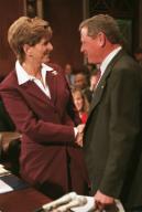 1/17/01 WHITMAN--New Jersey Gov. Christine Todd Whitman nominee for administrator of the Environmental Protection Agency is greeted by James Inhofe R-Okla. before her confirmation hearing before Environment & Public Works. CONGRESSIONAL ...