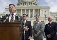04/26/06--Rep. Bill Shuster R-Pa. Sen. Rick Santorum R-Pa. and David Beamer far right father of United Airlines Flight 93 hero Todd Beamer during a news conference in support of President BushÕs fiscal 2007 budget request and full funding ...