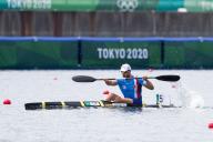 August 02, 2021: Josef Dostal of Team Czech Republic competes during the MenÃs Kayak Single 1000m Canoe Sprint Heats, Tokyo 2020 Olympic Games at Sea Forest Waterway in Tokyo, Japan. Daniel Lea\/CSM