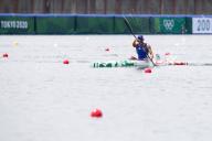 August 02, 2021: Samuele Burgo of Team Italy races during the MenÃs Kayak Single 1000m Canoe Sprint Heats, Tokyo 2020 Olympic Games at Sea Forest Waterway in Tokyo, Japan. Daniel Lea\/CSM
