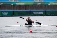 August 02, 2021: Mohamed Ali Mrabet of Team Tunisia races during the MenÃs Kayak Single 1000m Canoe Sprint Heats, Tokyo 2020 Olympic Games at Sea Forest Waterway in Tokyo, Japan. Daniel Lea\/CSM