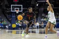 December 01, 2022: Maryland guard Diamond Miller (1) drives to the basket as Notre Dame guard Olivia Miles (5) defends during NCAA Women\'s Basketball game action between the Maryland Terrapins and the Notre Dame Fighting Irish at Purcell Pavilion at the Joyce Center in South Bend, Indiana. Maryland defeated Notre Dame 74-72. John Mersits\/CSM