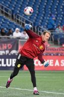 March 18, 2023: Nashville SC goalkeeper Joe Willis (1) warms up before a game against the New England Revolution in Foxborough Massachusetts. Eric Canha