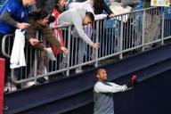 March 18, 2023: Nashville SC forward Teal Bunbury (12) takes a selfie with fans before a game against the New England Revolution in Foxborough Massachusetts. Eric Canha