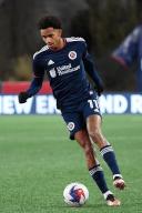 March 18, 2023: New England Revolution midfielder Dylan Borrero (11) controls the ball against the Nashville SC during the first half in Foxborough Massachusetts. Eric Canha