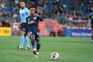 March 18, 2023: New England Revolution forward Latif Blessing (19) passes the ball against the Nashville SC during the first half in Foxborough Massachusetts. Eric Canha