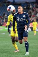 March 18, 2023: New England Revolution forward Bobby Wood (17) chases the ball during the first half against the Nashville SC in Foxborough Massachusetts. Eric Canha
