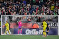 March 18, 2023: New England Revolution goalkeeper Djordje PetroviÃâ¡ (99) reacts to game action during the first half against the Nashville SC in Foxborough Massachusetts. Eric Canha