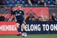 March 18, 2023: New England Revolution defender Henry Kessler (4) passes the ball during the first half against the Nashville SC in Foxborough Massachusetts. Eric Canha
