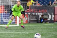 March 18, 2023: Nashville SC goalkeeper Joe Willis (1) focuses on the ball during the first half against the New England Revolution in Foxborough Massachusetts. Eric Canha