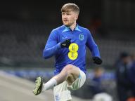 March 28, 2023, London: London, England, 28th March 2023. Tommy Doyle of England warms up during the UEFA Under21 International match at Craven Cottage, London