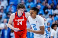 February 6, 2024: Clemson Tigers center PJ Hall (24) stares down North Carolina Tar Heels forward Armando Bacot (5) after scoring in the ACC basketball matchup at Dean Smith Center in Chapel Hill, NC. (Scott Kinser/CSM) (Credit Image: Â Scott Kinser/Cal Sport Media