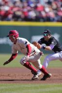 February 18, 2024: Arkansas base runner Hudson White #8 is chased down from behind by JMU second baseman Mike Mancini #1. James Madison defeated Arkansas 7-3 in Fayetteville, AR. Richey Miller/CSM(Credit Image: Richey Miller/Cal Sport Media