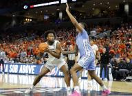 February 24, 2024: Virginia Cavaliers Forward #22 Jordan Minor looks to go to the basket defended by University of North Carolina Tarheels Forward #5 Armando Bacot during a NCAA Men