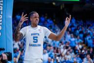 February 26, 2024: North Carolina Tar Heels forward Armando Bacot (5) reacts after a foul call in the ACC basketball matchup against the Miami (Fl) Hurricanes at Dean Smith Center in Chapel Hill, NC. (Scott Kinser/CSM) (Credit Image: Â Scott Kinser/Cal Sport Media