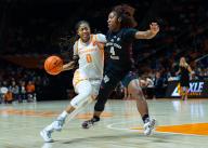 February 29, 2024: Jewel Spear #0 of the Tennessee Lady Vols drives to the basket against Kay Kay Green #4 of the Texas A&M Aggies during the NCAA basketball game between the University of Tennessee Lady Volunteers and the Texas A&M University Aggies at Thompson Boling Arena in Knoxville TN Tim Gangloff/CSM (Credit Image: Â Tim Gangloff/Cal Sport Media