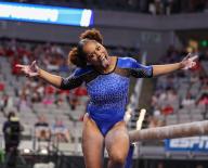 April 18, 2024: Florida\'s Sloan Blakely celebrates after her balance beam routine at Semifinal II of the 2024 Women\'s National Collegiate Women\'s Gymnastics Championships at Dickies Arena in Fort Worth, TX. Kyle Okita\/CSM (Credit Image: Â Kyle Okita\/Cal Sport Media