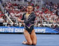 April 18, 2024: LSU\'s Haleigh Bryant competes on the floor exercise during Semifinal I of the 2024 Women\'s National Collegiate Women\'s Gymnastics Championships at Dickies Arena in Fort Worth, TX. Kyle Okita\/CSM (Credit Image: Â Kyle Okita\/Cal Sport Media