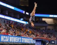 April 18, 2024: LSU\'s Haleigh Bryant competes on the vault during Semifinal I of the 2024 Women\'s National Collegiate Women\'s Gymnastics Championships at Dickies Arena in Fort Worth, TX. Kyle Okita\/CSM (Credit Image: Â Kyle Okita\/Cal Sport Media