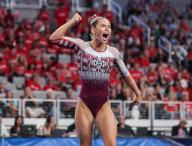 April 18, 2024: Oklahoma\'s Jordan Bowers finishes her floor routine during Semifinal II of the 2024 Women\'s National Collegiate Women\'s Gymnastics Championships at Dickies Arena in Fort Worth, TX. Kyle Okita\/CSM (Credit Image: Â Kyle Okita\/Cal Sport Media