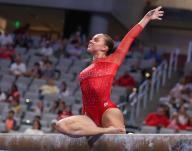 April 18, 2024: Utah\'s Malia O\'Keefe competes on the balance beam during Semifinal II of the 2024 Women\'s National Collegiate Women\'s Gymnastics Championships at Dickies Arena in Fort Worth, TX. Kyle Okita\/CSM (Credit Image: Â Kyle Okita\/Cal Sport Media