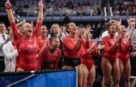April 18, 2024: The Utah women\'s gymnastics team cheers on a teammate during their floor rotation at Semifinal II of the 2024 Women\'s National Collegiate Women\'s Gymnastics Championships at Dickies Arena in Fort Worth, TX. Kyle Okita\/CSM (Credit Image: Â Kyle Okita\/Cal Sport Media