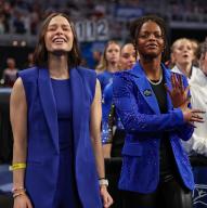 April 18, 2024: Former Florida gymnasts Megan Skaggs and Trinity Thomas cheer on the Gators during Semifinal II of the 2024 Women\'s National Collegiate Women\'s Gymnastics Championships at Dickies Arena in Fort Worth, TX. Kyle Okita\/CSM (Credit Image: Â Kyle Okita\/Cal Sport Media