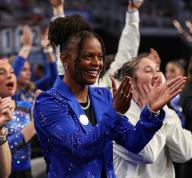 April 18, 2024: Former Florida gymnast Trinity Thomas cheers on the Gators during Semifinal II of the 2024 Women\'s National Collegiate Women\'s Gymnastics Championships at Dickies Arena in Fort Worth, TX. Kyle Okita\/CSM (Credit Image: Â Kyle Okita\/Cal Sport Media