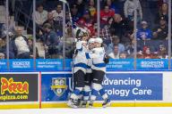 April 19th, 2024: Cleveland Monsters players celebrate a goal in overtime against the Rochester Americans. The Rochester Americans hosted the Cleveland Monsters in an American Hockey League game at Blue Cross Arena in Rochester, New York. (Jonathan Tenca\/CSM) (Credit Image: Â Jonathan Tenca\/Cal Sport Media