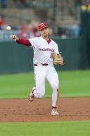 April 26, 2024: Hogs infielder Jared Sprague-Lott #12 releases the ball across the diamond over to first. .Arkansas defeated Florida 2-1 in Fayetteville, AR. Richey Miller\/CSM(Credit Image: Richey Miller\/Cal Sport Media