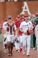April 26, 2024: Razorback pitcher Hagen Smith #33 and catcher Hudson White #8 head in from the bull pen prior to the game. Arkansas defeated Florida 2-1 in Fayetteville, AR. Richey Miller\/CSM(Credit Image: Richey Miller\/Cal Sport Media