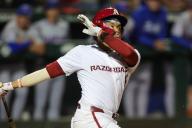 April 26, 2024: Kendall Diggs #5 of Arkansas finishes up his swing during an appearance at the plate. Arkansas defeated Florida 2-1 in Fayetteville, AR. Richey Miller\/CSM(Credit Image: Richey Miller\/Cal Sport Media