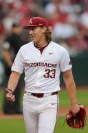 April 26, 2024: Arkansas pitcher Hagen Smith #33 flashes a thumbs up as he comes off the field. Arkansas defeated Florida 2-1 in Fayetteville, AR. Richey Miller\/CSM(Credit Image: Richey Miller\/Cal Sport Media