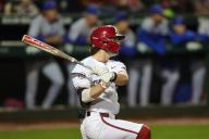 April 26, 2024: Peyton Stovall #10 of Arkansas watches to see where a ball he has just hit is going to land. .Arkansas defeated Florida 2-1 in Fayetteville, AR. Richey Miller\/CSM(Credit Image: Richey Miller\/Cal Sport Media