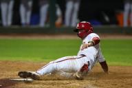 April 26, 2024: Razorback base runner Ty Wilmsmeyer #1 slides safely into home. Arkansas defeated Florida 2-1 in Fayetteville, AR. Richey Miller\/CSM(Credit Image: Richey Miller\/Cal Sport Media