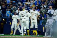 April 26, 2024: Milwaukee Brewers outfielder Blake Perkins (16) celebrates his 2-run home run with first base Rhys Hoskins (12) during the game between the Milwaukee Brewers and the New York Yankees at American Family Field in Milwaukee, WI. Darren Lee\/CSM (Credit Image: Darren Lee\/Cal Sport Media