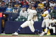 April 26, 2024: Milwaukee Brewers outfielder Sal Frelick (10) eye bulge as he fouls off a pitch during the game between the Milwaukee Brewers and the New York Yankees at American Family Field in Milwaukee, WI. Darren Lee\/CSM (Credit Image: Darren Lee\/Cal Sport Media